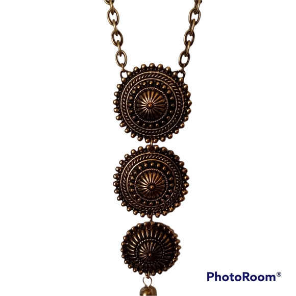 Antiqued Gold Medallion Necklace NEW NWT Vendome Bronze tone Adjustable Tassel - Picture 4 of 7